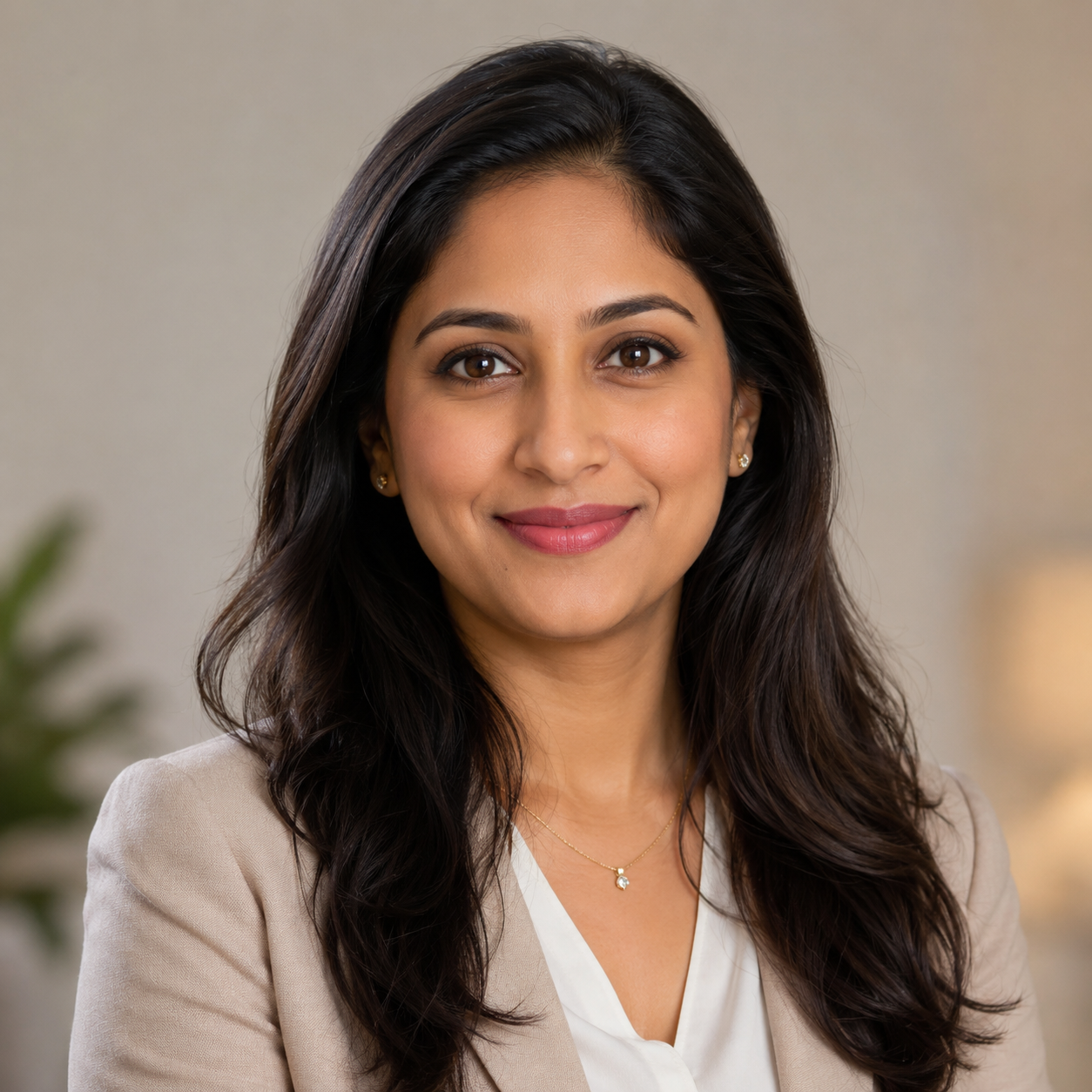 Professional woman with long dark hair wearing a beige blazer over a white blouse.