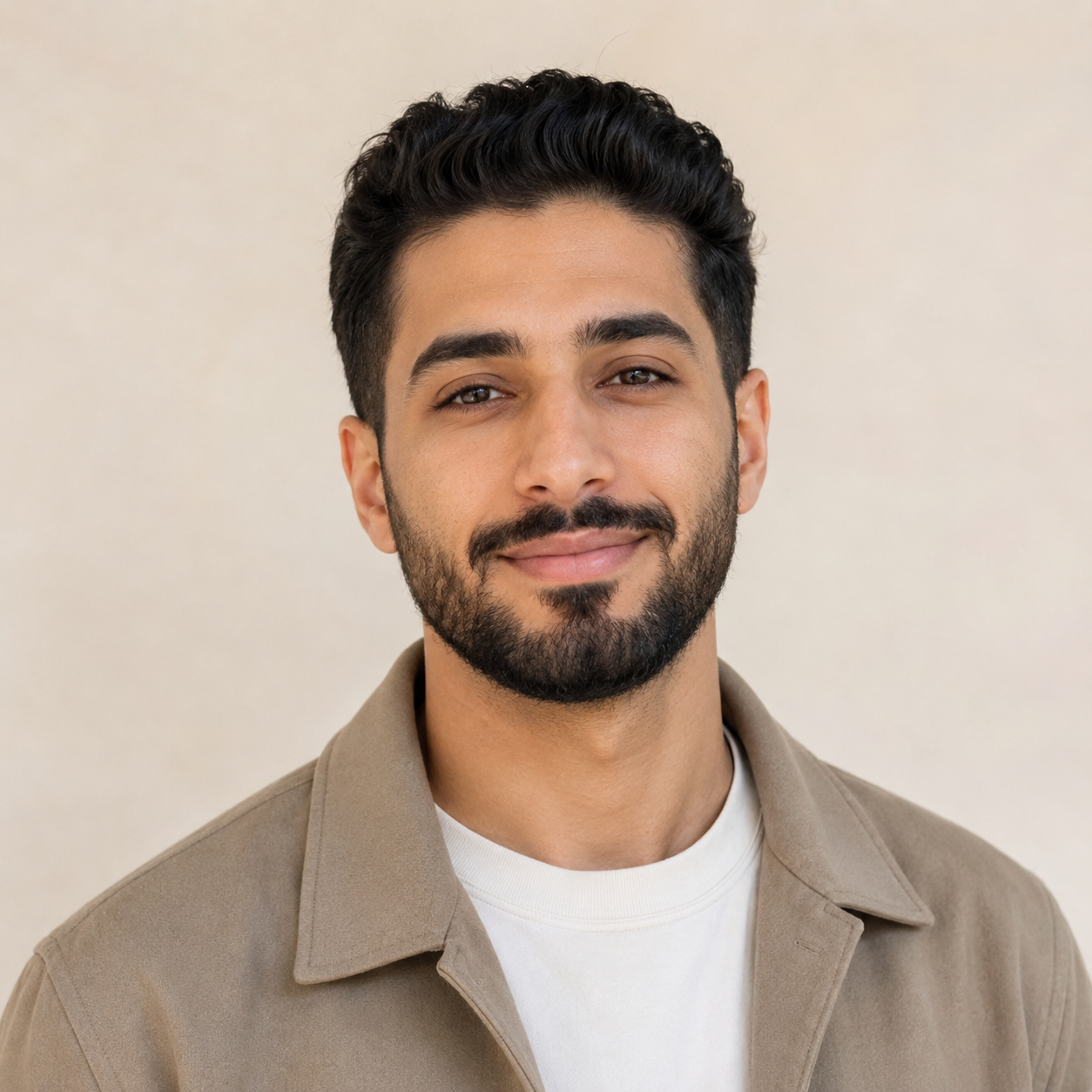 Modern bearded man wearing a beige overshirt over a white t-shirt.