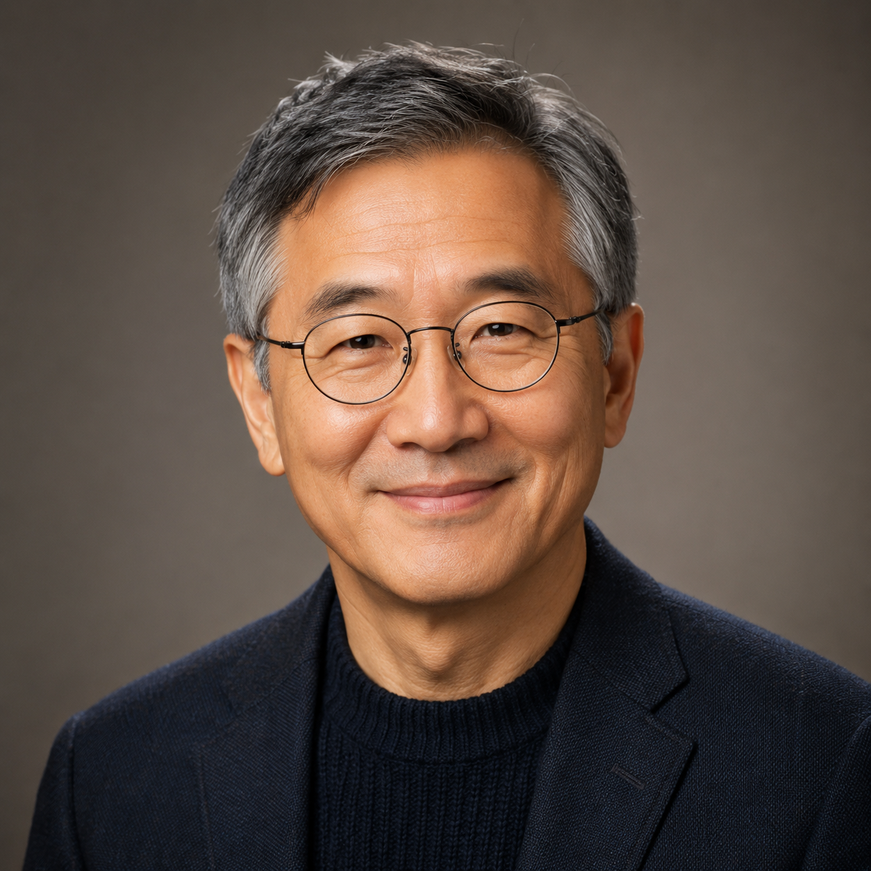 Friendly senior East Asian man with glasses wearing a navy blazer and sweater.