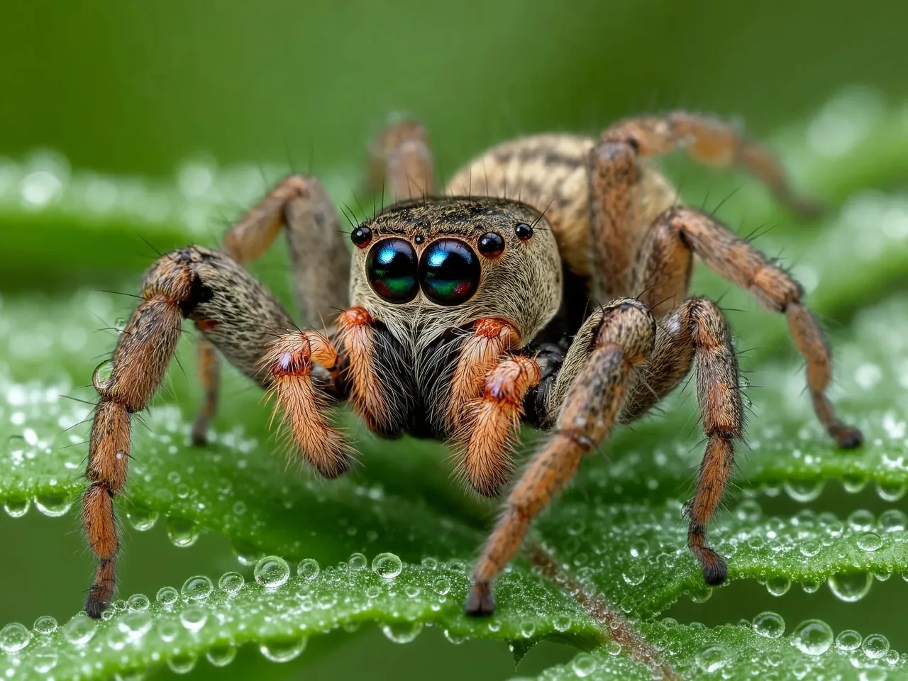 Flux 3 Klein macro photo of a jumping spider on a dewy fern