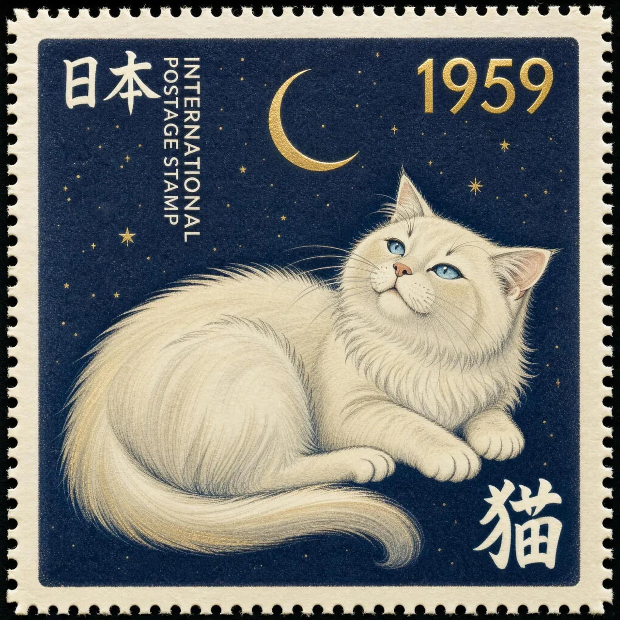 Flux 3 Klein navy postage stamp with a white cat and Japanese lettering