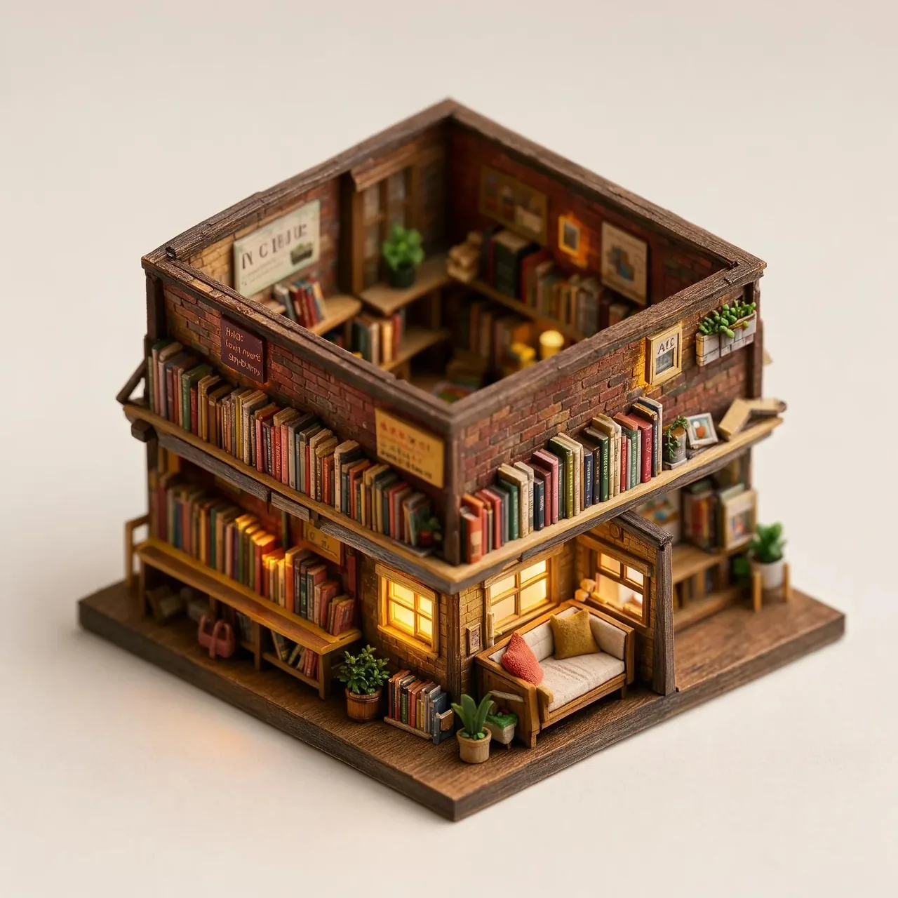 Flux 3 Klein isometric diorama of a tiny two-storey bookshop