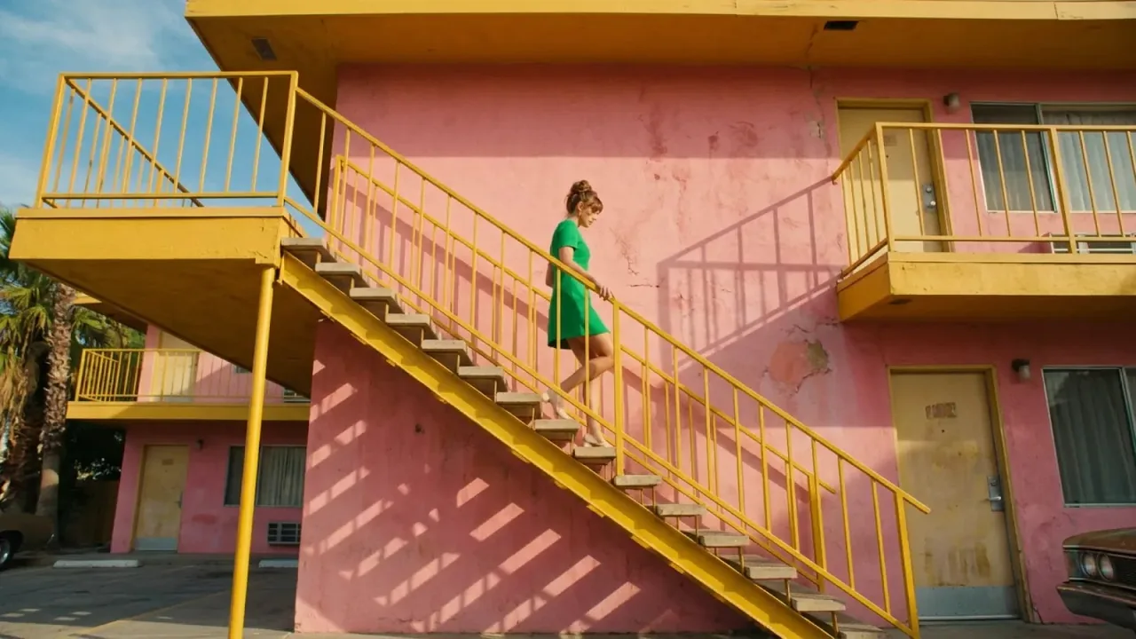 Fotorealistisches Bild von Nano Banana 2.1 mit Frau im grünen Kleid auf gelber Treppe