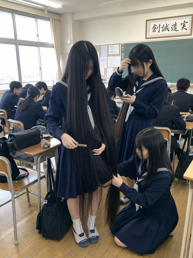 A photorealistic Japanese classroom scene with three schoolgirls in navy sailor uniforms, including one central girl with extremely long black hair being combed and arranged, set in a natural everyday classroom environment.