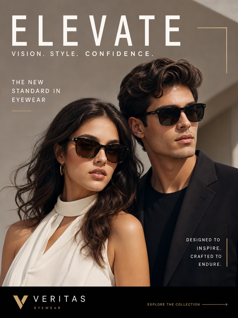 A luxury eyewear fashion campaign poster featuring a stylish male and female model wearing black sunglasses, with beige editorial background, large ELEVATE typography, and premium brand layout.
