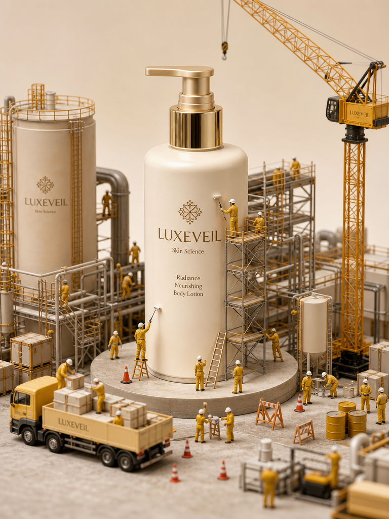 A giant luxury body lotion bottle surrounded by miniature construction workers, scaffolding, cranes, and industrial details in a beige studio setting.
