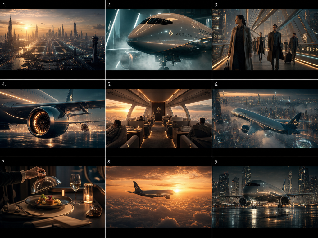 A 3x3 cinematic storyboard board showing a futuristic luxury airline campaign with sci-fi cityscapes, aircraft shots, airport scenes, premium cabin interiors, and in-flight service moments.