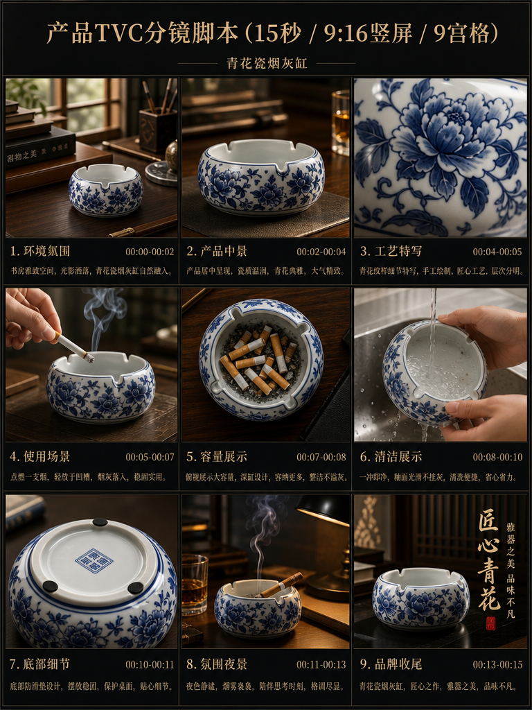 A premium 9-panel Chinese e-commerce TVC storyboard for a blue-and-white ceramic ashtray, featuring hero shots, craftsmanship details, use scenes, cleaning, and a final brand frame.