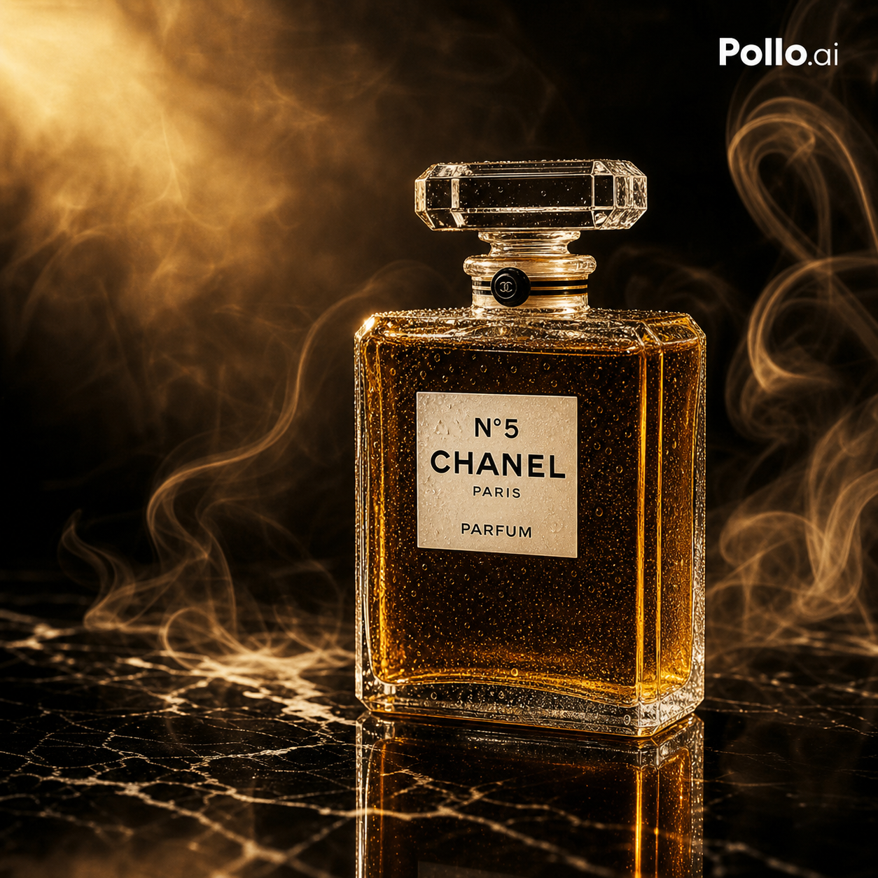 A luxury amber perfume bottle on glossy black marble with smoke and dramatic golden lighting.