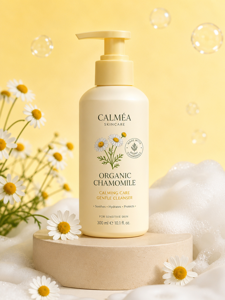 A cream-colored skincare bottle with a pastel yellow pump, surrounded by foam and chamomile flowers on a pale yellow background.