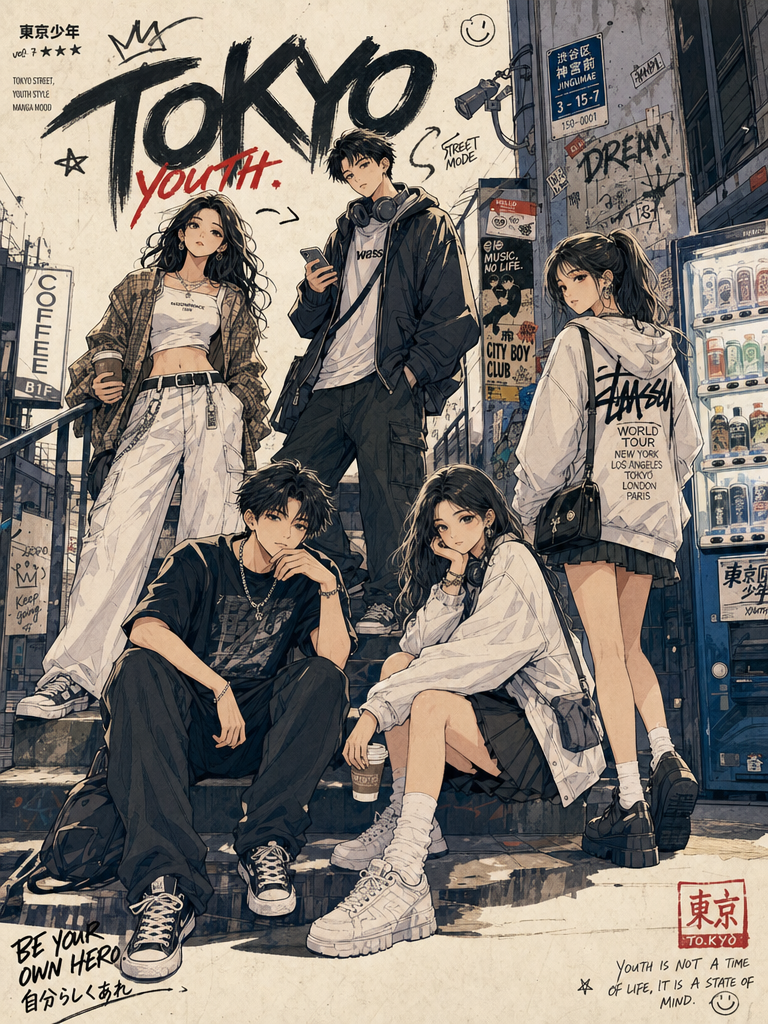 A Japanese street manga-style group character poster featuring fashionable anime versions of real people posed in a Tokyo urban setting with poster typography, sketch textures, and youthful city energy.