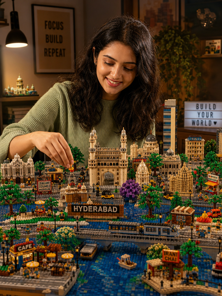A warm editorial illustration of a young woman building a LEGO-style miniature city diorama on a cozy craft table, with the city made entirely from visible brick elements.