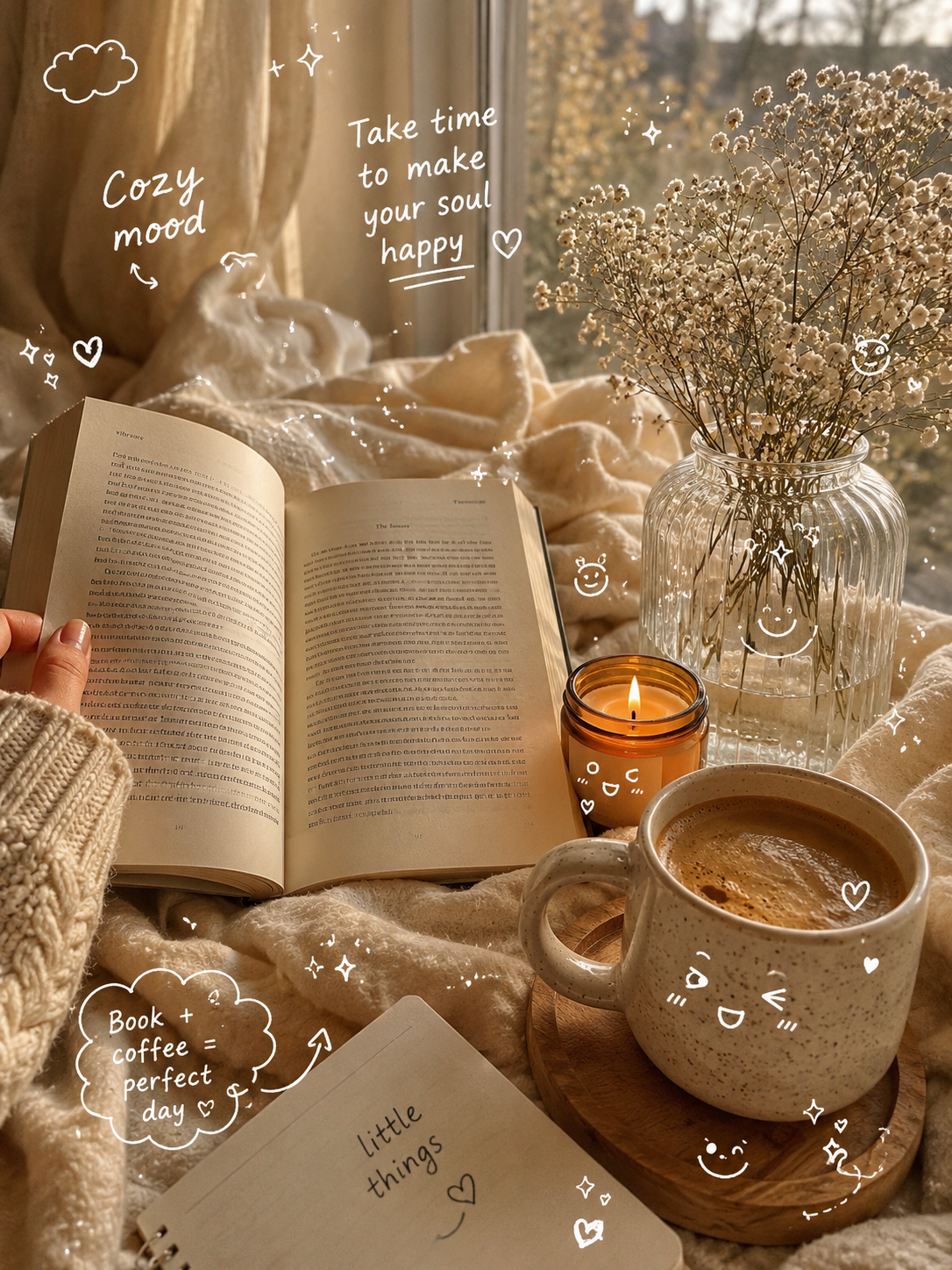 A cozy warm morning lifestyle scene by a window, featuring an open book, a cup of coffee, a lit candle, baby’s breath in a glass vase, soft blankets, and white hand-drawn doodles with handwritten notes.