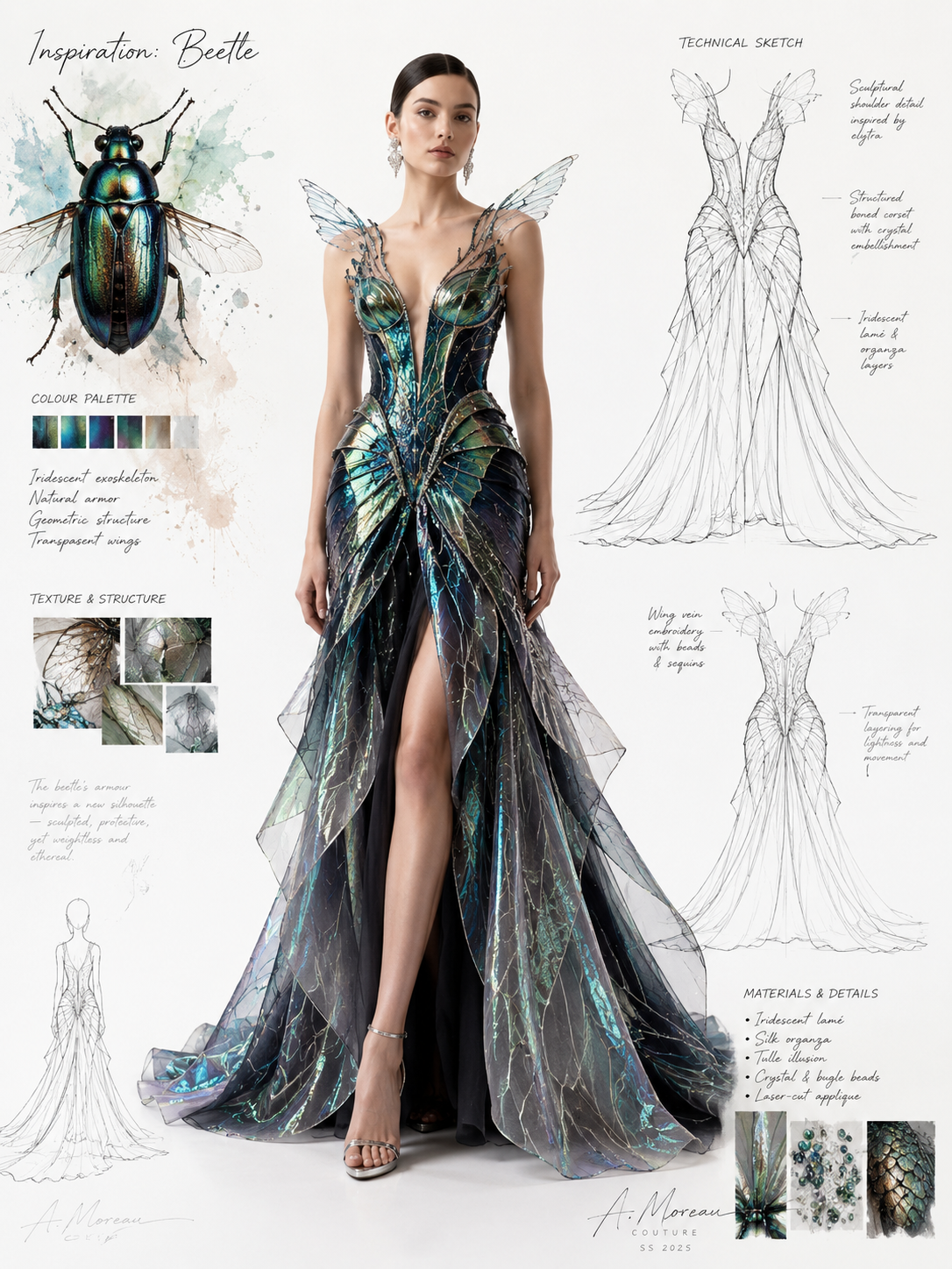 A professional couture concept board featuring a realistic fashion model in a beetle-inspired high-fashion gown, with technical sketches, inspiration illustrations, palette swatches, and material notes on a clean white background.