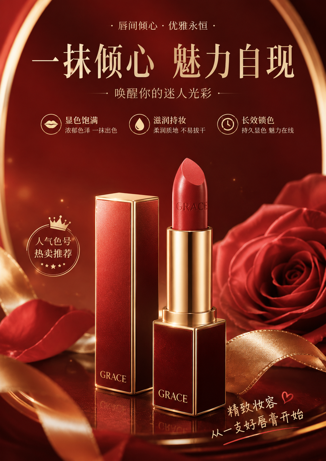 A luxurious Chinese lipstick advertising poster featuring a red and gold lipstick, elegant floral elements, premium cosmetic styling, and Simplified Chinese beauty marketing text.