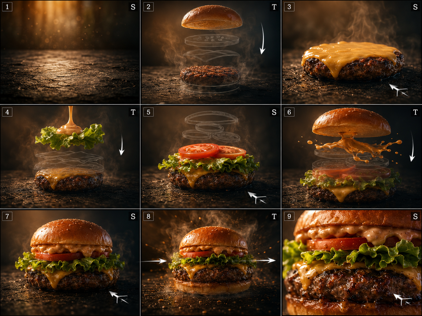 A cinematic 9-cell storyboard showing a gourmet cheeseburger being assembled with melted cheese, lettuce, tomato, sauce, steam, and a final macro hero shot.