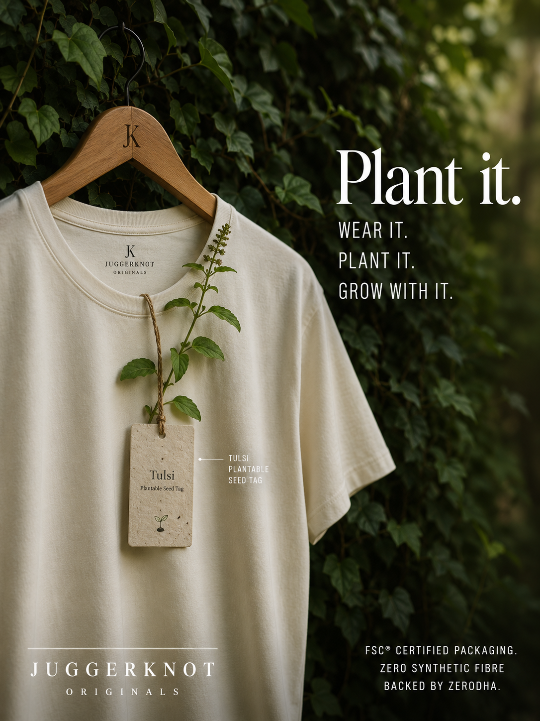 A premium eco-fashion poster showing a cream T-shirt on a wooden hanger, a plantable Tulsi seed tag, and elegant sustainability-focused typography against a lush green leafy background.