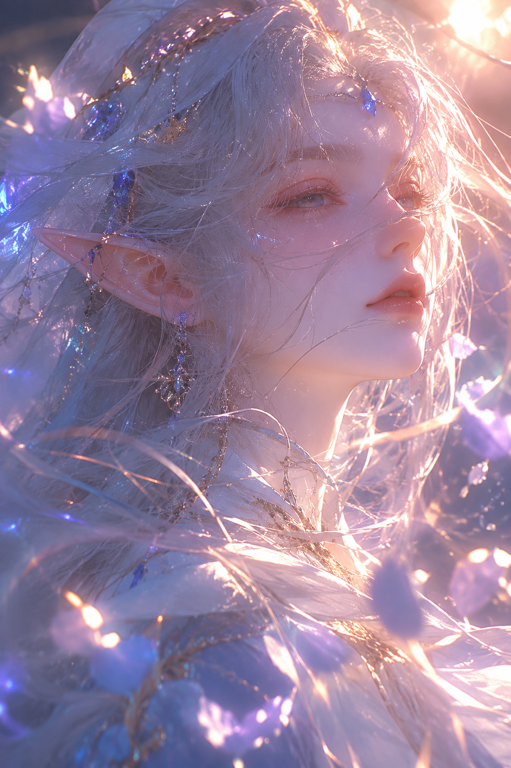 A luminous fantasy close-up portrait of an elf-like character with silver hair, pointed ears, dreamy soft-focus lighting, glowing bloom, and delicate crystalline accessories.