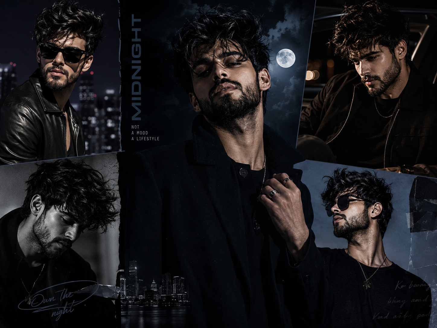 A premium square fashion collage poster featuring the same stylish bearded male model in multiple cinematic portraits with a dark midnight editorial aesthetic.