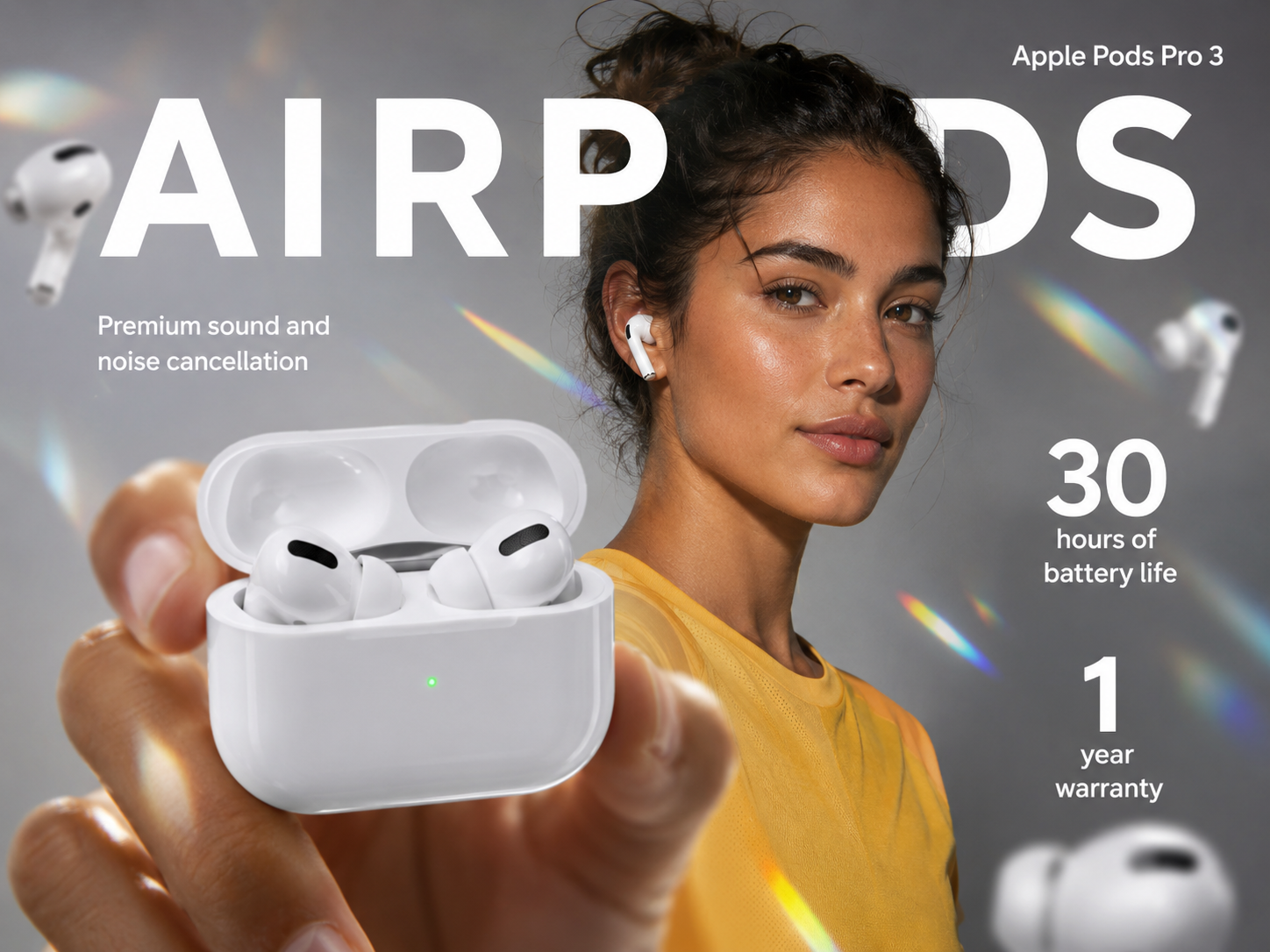 A premium wireless earbuds advertisement featuring a close-up charging case, a female model, and clean infographic text.