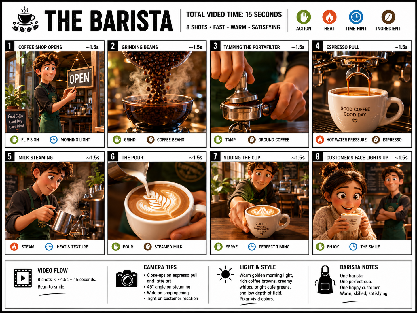 A clean infographic storyboard poster for a coffee ad, featuring eight stylized panels that show a barista making and serving a latte in a warm café setting.