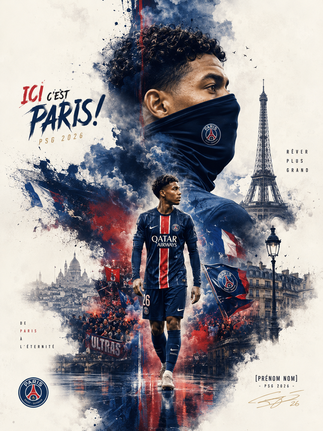 A dramatic football-themed editorial poster featuring a layered double-exposure composition with a large portrait, full-body player figure, Paris-inspired city elements, supporter scenes, and bold propaganda-style typography.